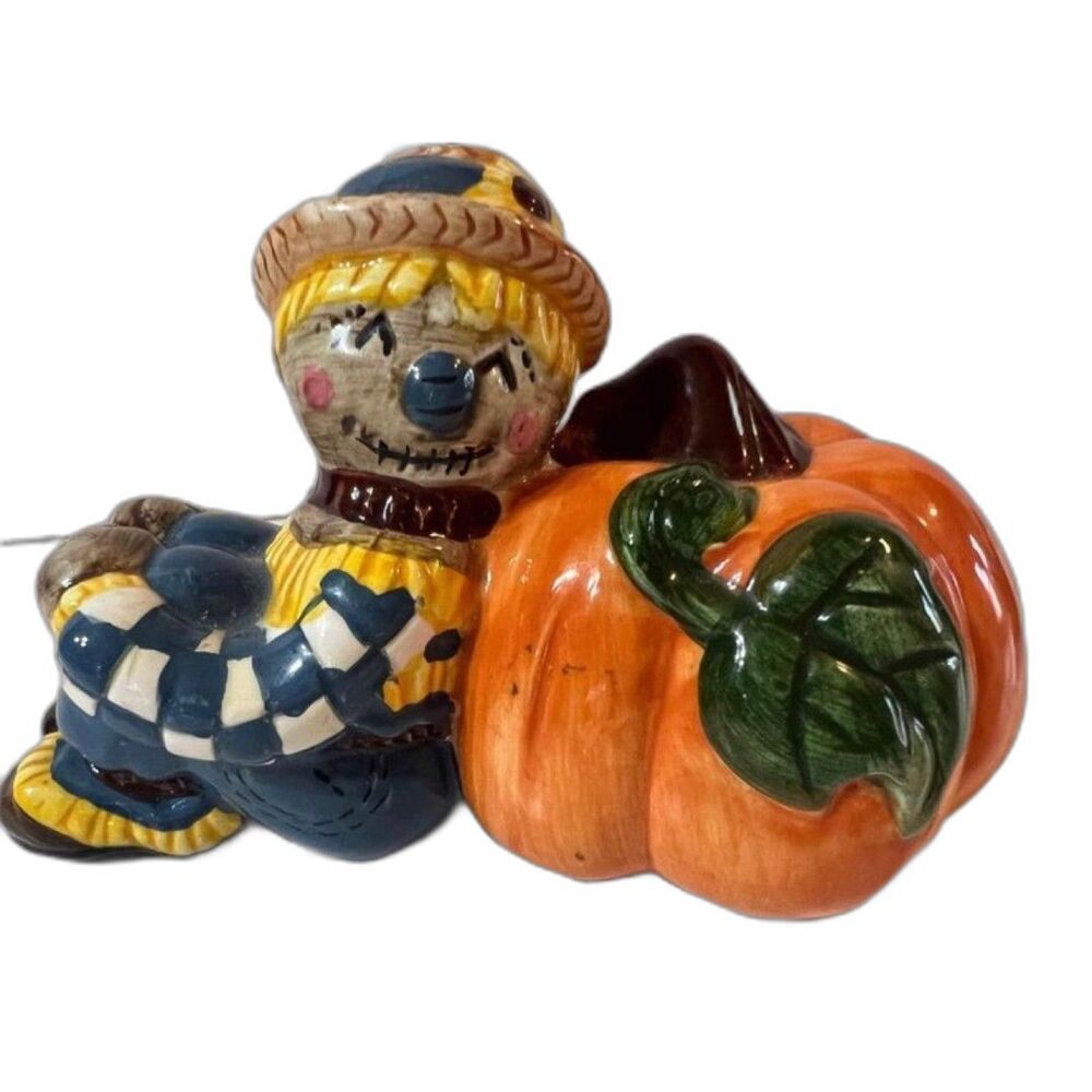 Halloween Scarecrow With Pumpkin Ceramic Figurine Autumn Fall Decoration